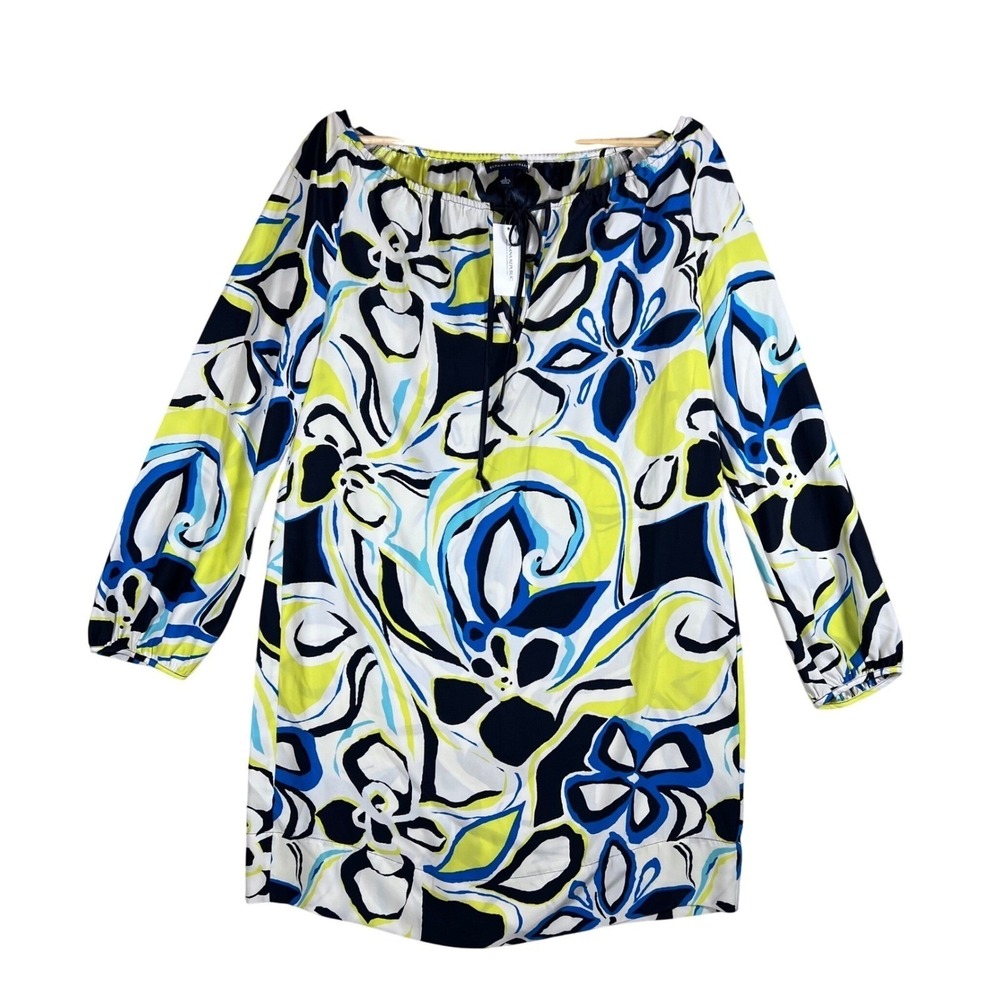 Banana Republic 100% Silk Dress Large Blue Lime Abstract Floral Mod Retro NWT